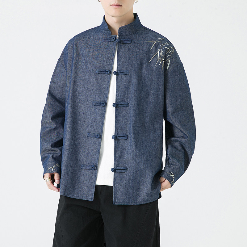 风男士长袖牛仔绣花盘扣衬衫加大加码电商A100-C10-P65,男装民族服装,电商A100