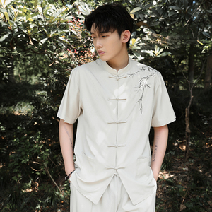 刺绣风夏季薄款冰丝短袖衬衫中式汉服宽松大码G103+2301-P110图片