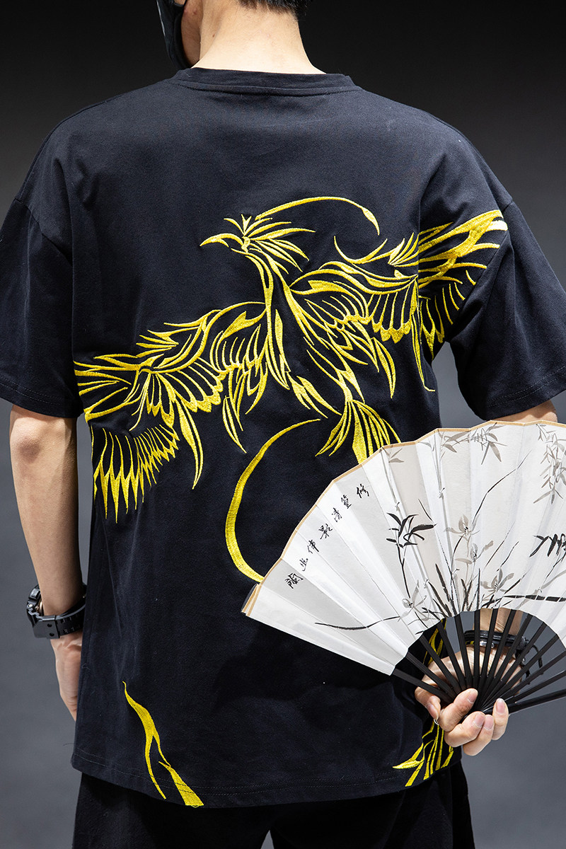 夏季新款刺绣凤凰短袖国风T恤钱3塘4018-T65-P65,男装T恤,电商A100