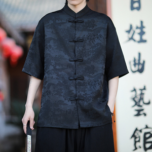 新中式盘扣唐装衬衫高级感短袖汉服暗纹立领中山装A00-239-P65图片