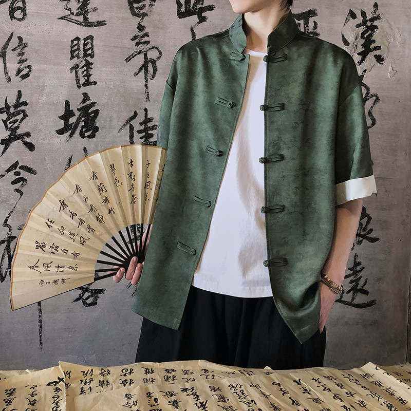 风新中式短袖盘扣衬衫压花复古上衣A100-C327-P65,男装衬衫,电商A100