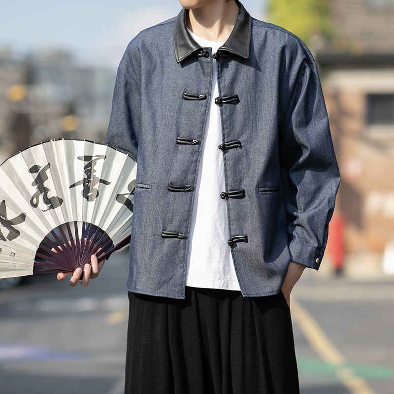 新中式牛仔唐装风长袖夹克复古盘扣宽松大码外套A100-C33-P75,男装工装外套,电商A100