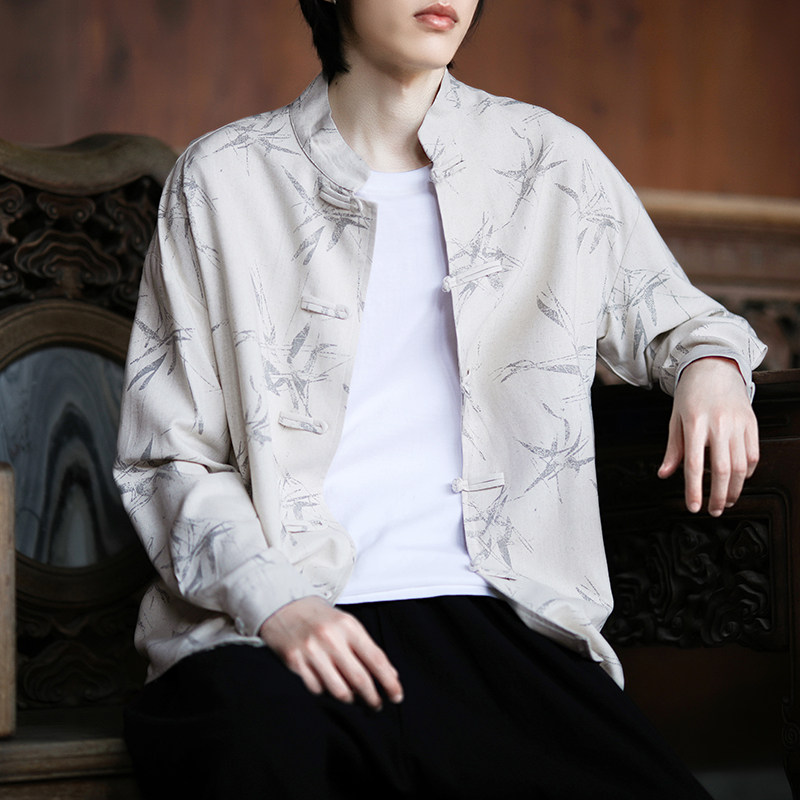 亚麻风新中式男式衬衫长袖印花竹子电商A100-M111-P85,男装衬衫,电商A100