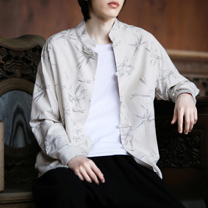 亚麻风新中式男式衬衫长袖印花竹子电商A100-M111-P85图片