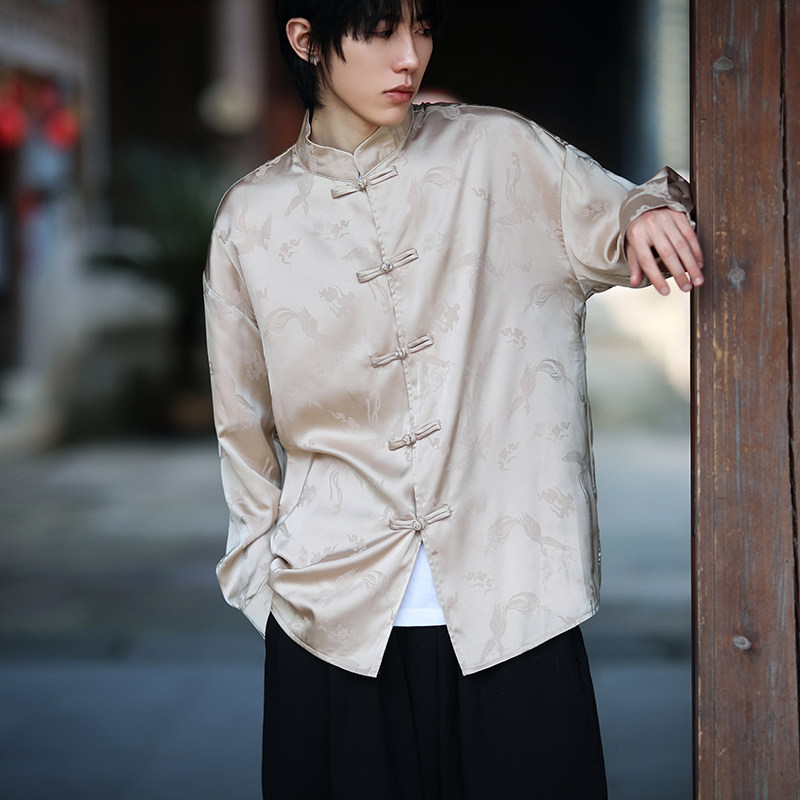 风新中式压花凤凰汉服长袖盘扣衬衫A100-C331-P65,男装衬衫,电商A100