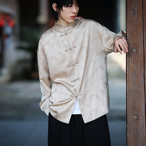 风新中式压花凤凰汉服长袖盘扣衬衫A100-C331-P65