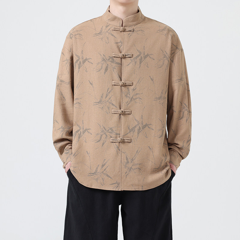 亚麻风新中式男式衬衫长袖印花竹子电商A100-M111-P85,男装衬衫,电商A100