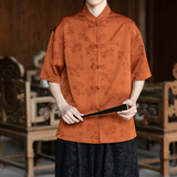 风唐装盘扣提花短袖纯色衬衫电商A100-2807-P65，男装T恤，电商A100