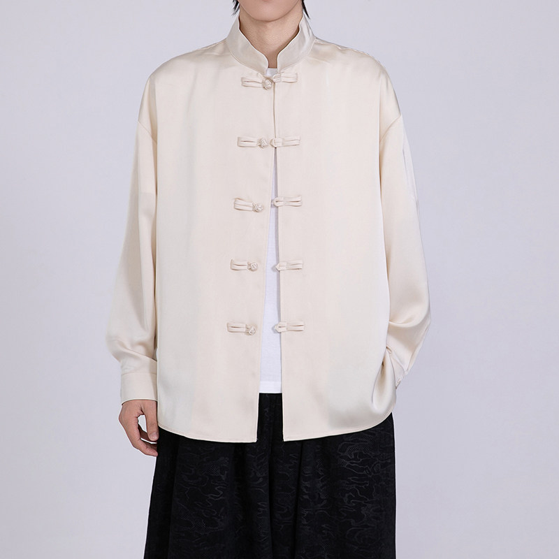 风缎面顺滑长袖唐装盘扣衬衫男士百搭新中式A100-2810-P65,男装衬衫,电商A100