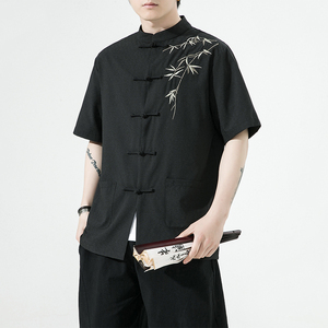 复古刺绣唐装男风夏季薄款冰丝短袖衬衫中式汉服宽松大码G103图片