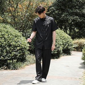 刺绣风夏季薄款冰丝短袖衬衫中式汉服宽松大码G103+2301-P110图片