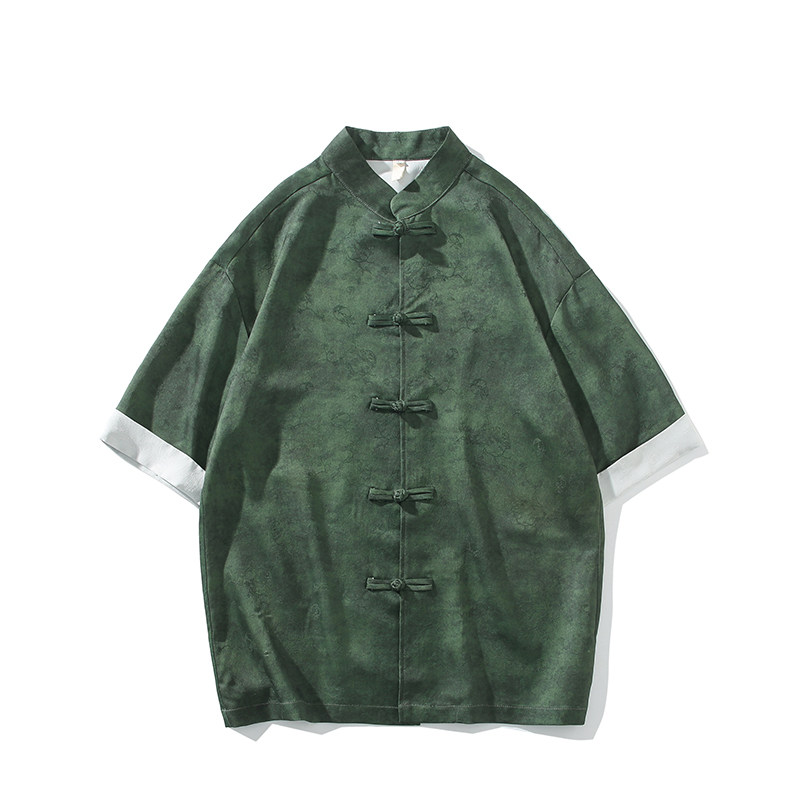 风新中式短袖盘扣衬衫压花复古上衣A100-C327-P65,男装衬衫,电商A100