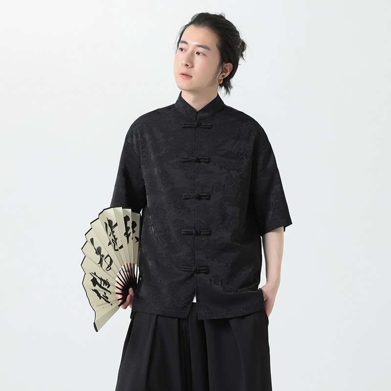 新中式盘扣唐装衬衫高级感短袖汉服暗纹立领中山装A00-239-P65,男装民族服装,电商A100