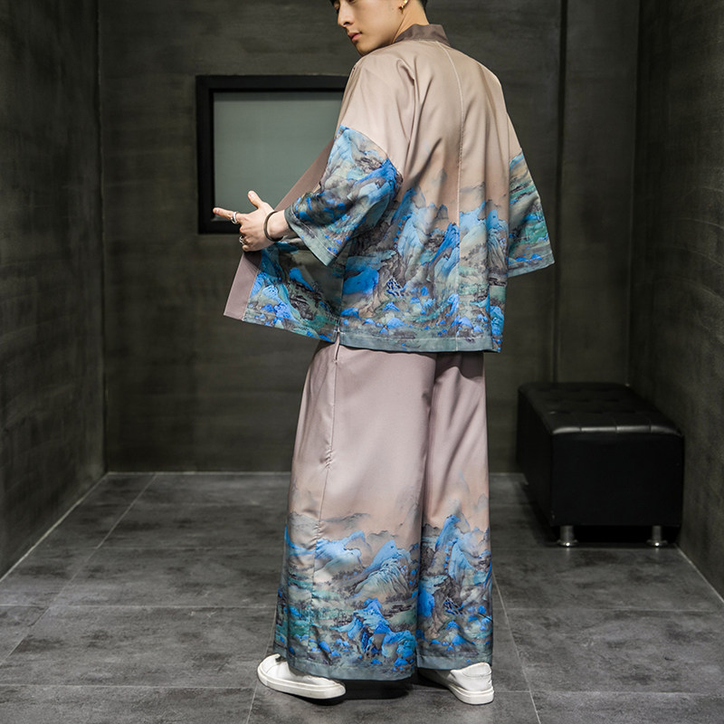 风印花套装开衫阔腿裤电商A100-1013+3001-P100,男装民族服装,电商A100