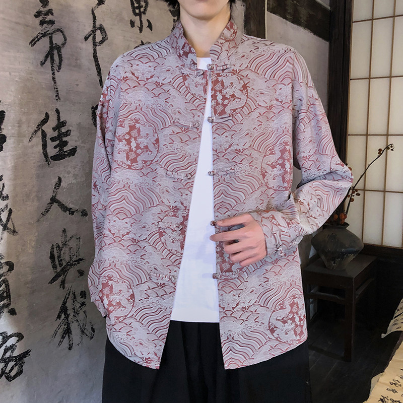 风新中式压花龙纹汉服长袖衬衫A100-C312-P65,男装衬衫,电商A100