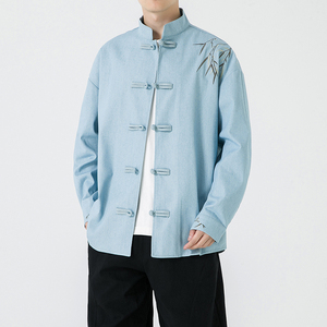 风男士长袖牛仔绣花盘扣衬衫加大加码电商A100-C10-P65图片