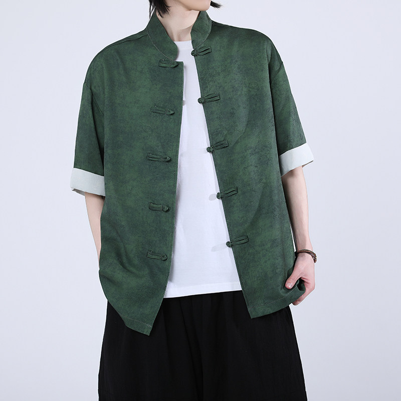 风新中式短袖盘扣衬衫压花复古上衣A100-C327-P65,男装衬衫,电商A100