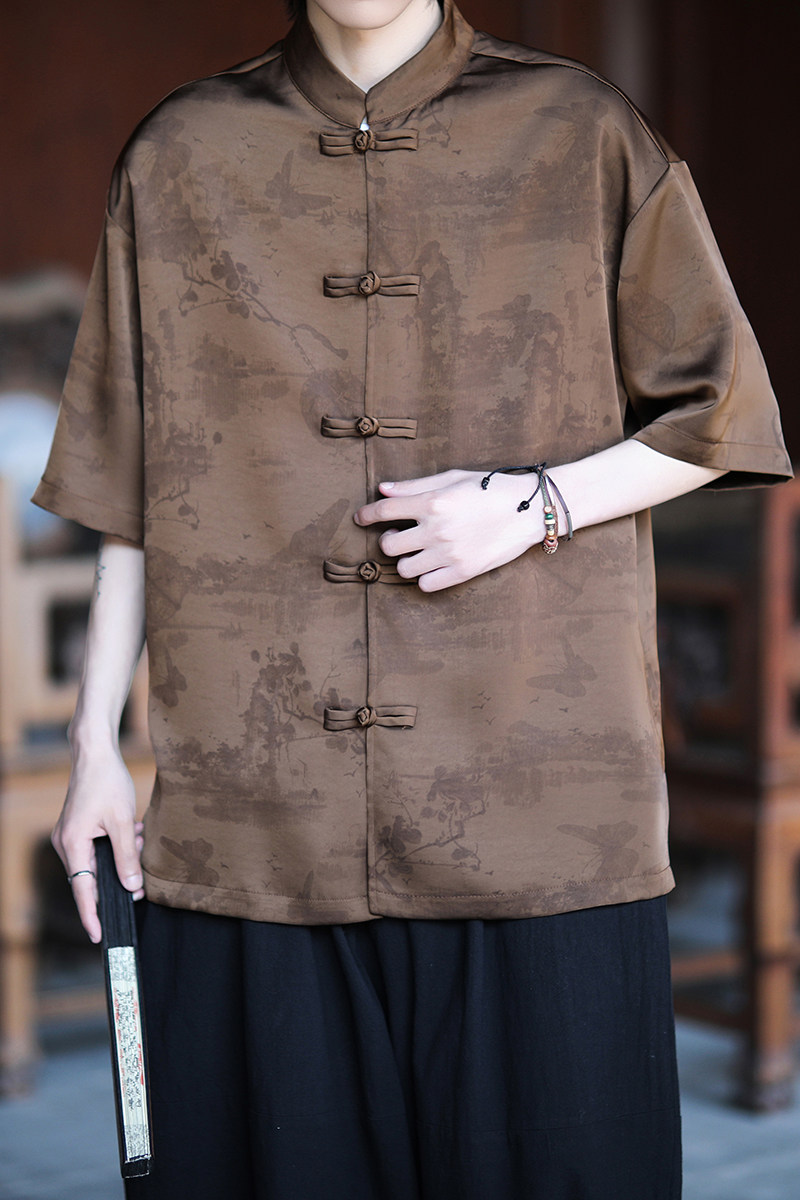 夏季薄款大码男士风唐装手工盘扣短袖衬衫A100-C330-P75,男装民族服装,电商A100