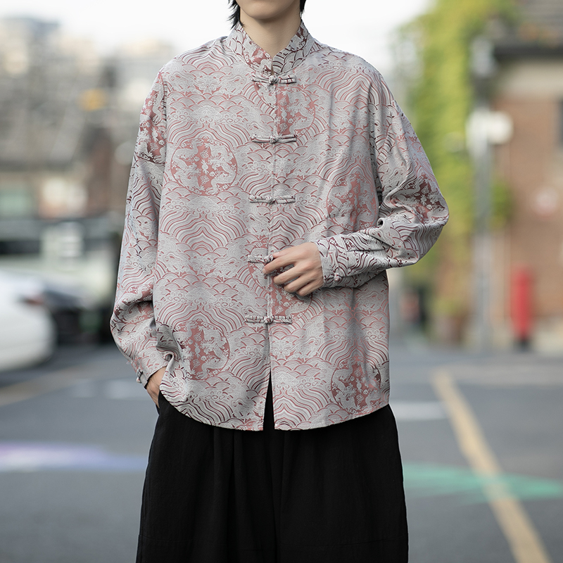 风新中式压花龙纹汉服长袖衬衫A100-C312-P65，男装衬衫，电商A100