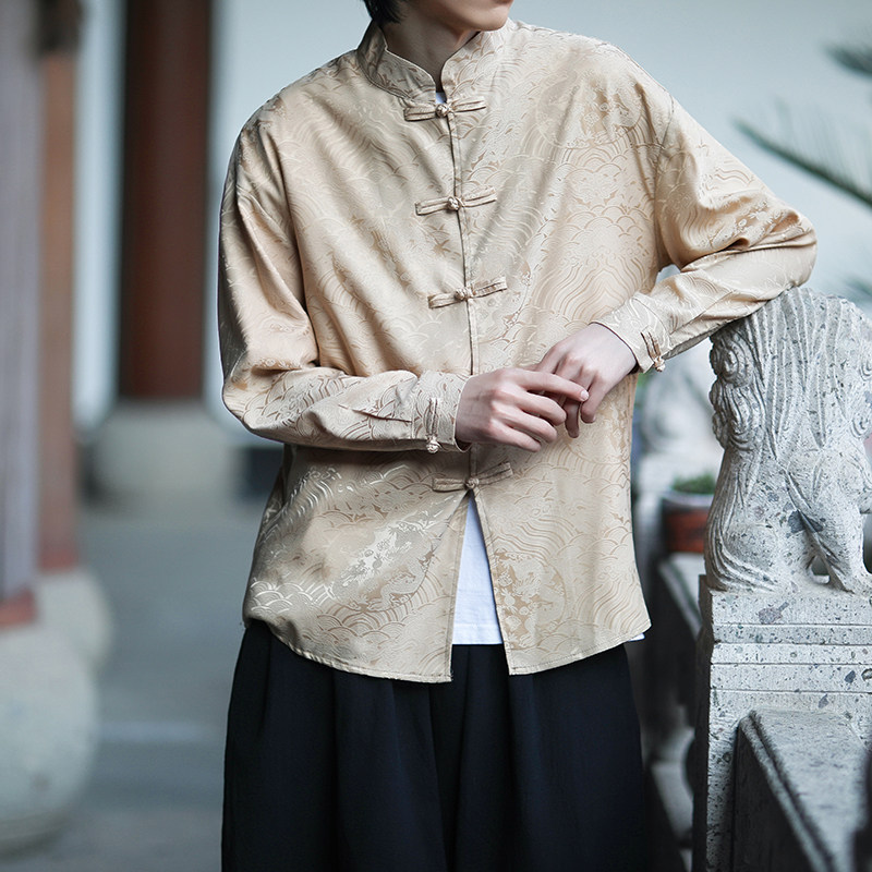 风新中式压花龙纹汉服长袖衬衫A100-C312-P65,男装衬衫,电商A100