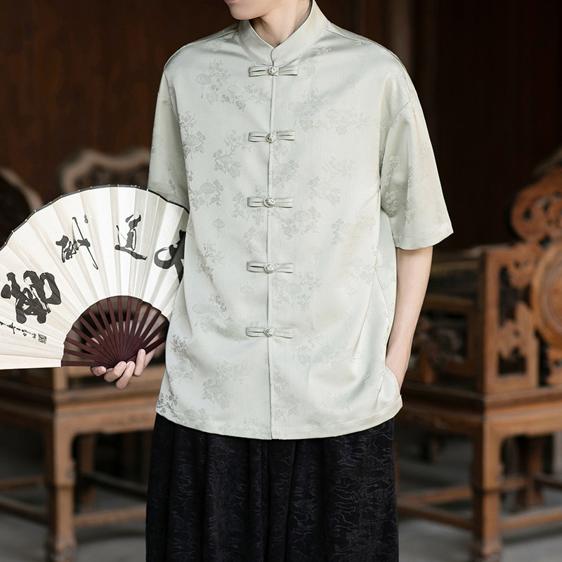 风唐装盘扣提花短袖纯色衬衫电商A100-2807-P65,男装T恤,电商A100