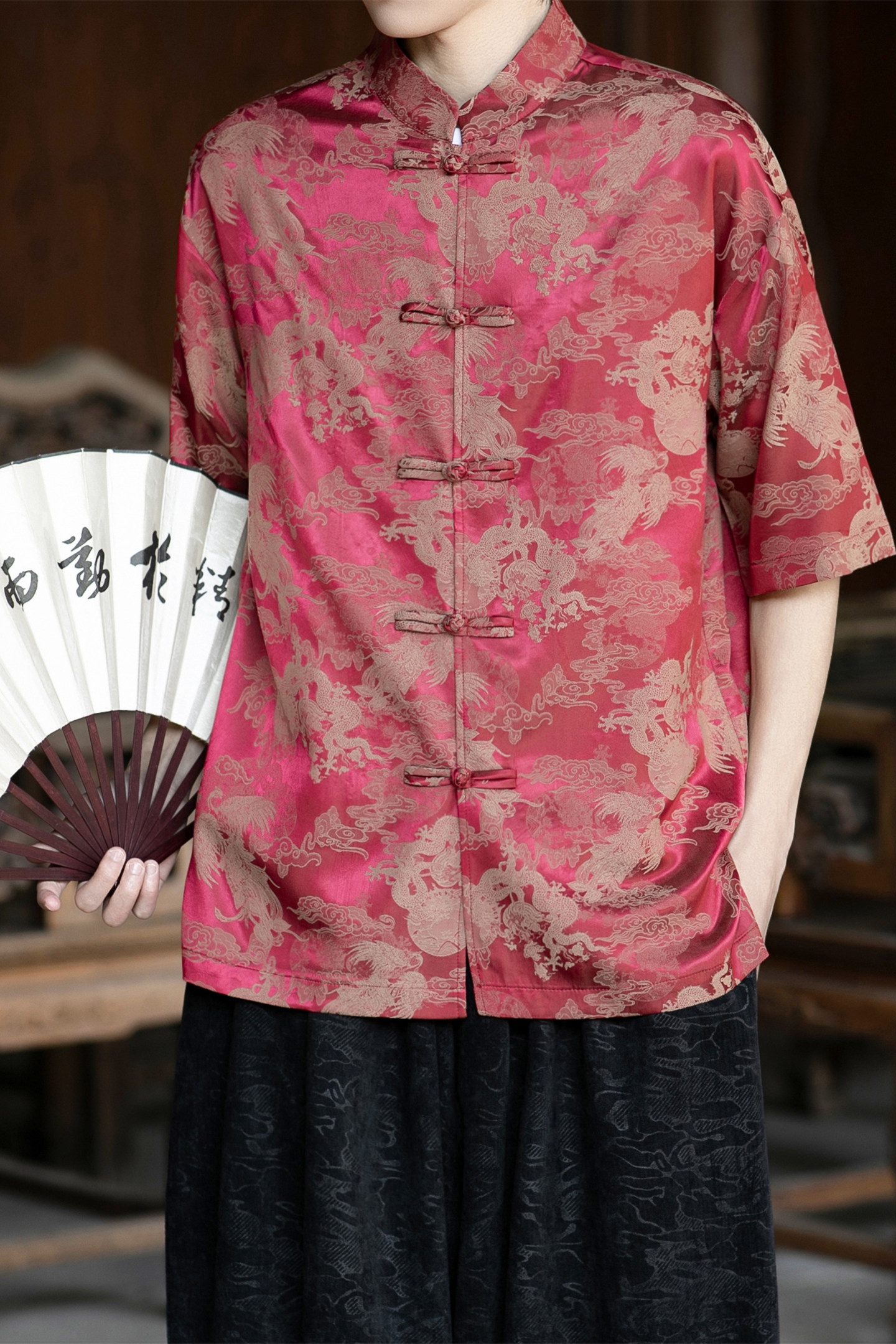 风提花唐装男士短袖衬衫盘扣新中式电商A100-2802-P65,男装T恤,电商A100