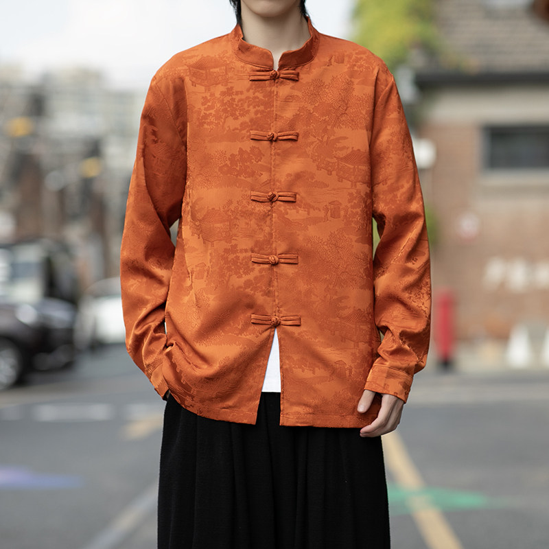 风长袖加厚盘扣休闲暗纹清明上河图纯色衬衫电商A100-C18-P68图片