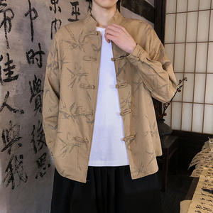 亚麻风新中式男式衬衫长袖印花竹子电商A100-M111-P85图片