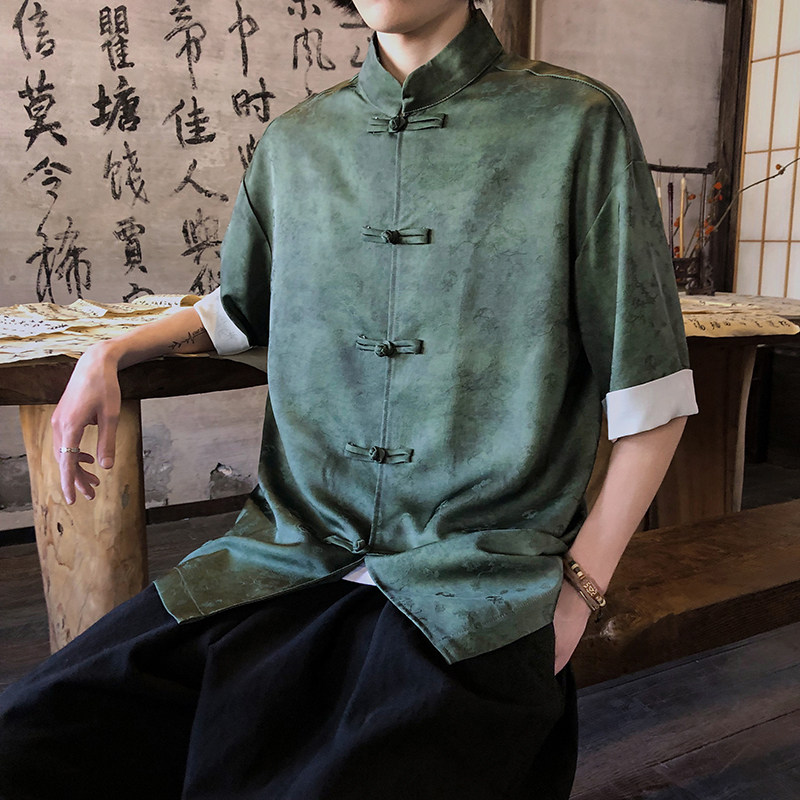 风新中式短袖盘扣衬衫压花复古上衣A100-C327-P65,男装衬衫,电商A100