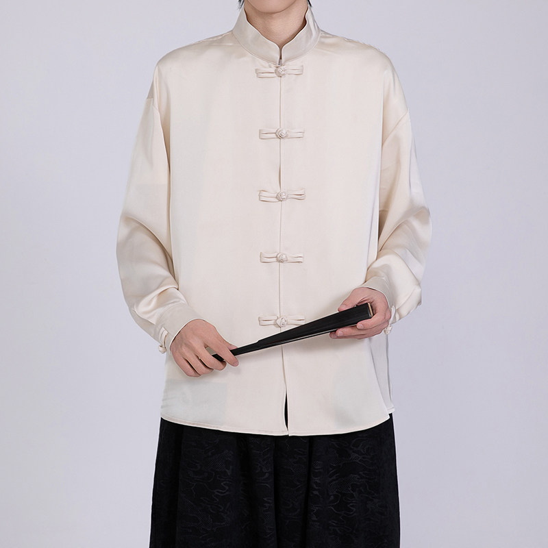 风缎面顺滑长袖唐装盘扣衬衫男士百搭新中式A100-2810-P65,男装衬衫,电商A100