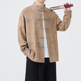 亚麻风新中式男式衬衫长袖印花竹子电商A100-M111-P85，男装衬衫，电商A100