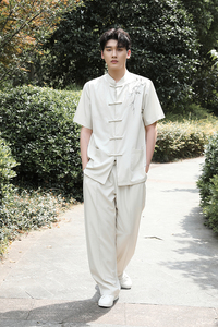 刺绣风夏季薄款冰丝短袖衬衫中式汉服宽松大码G103+2301-P110图片