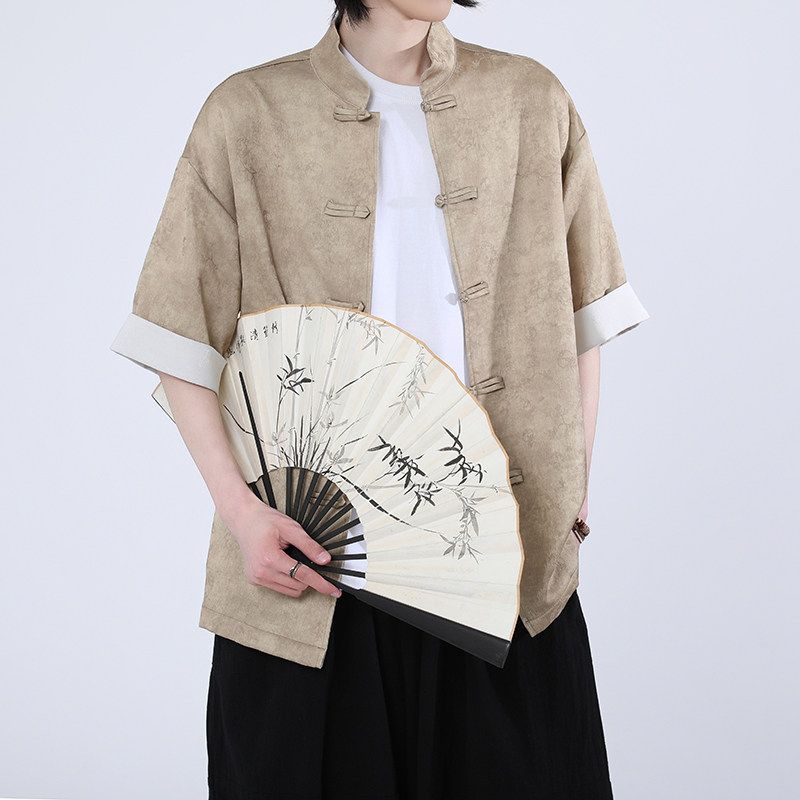 风新中式短袖盘扣衬衫压花复古上衣A100-C327-P65,男装T恤,电商A100