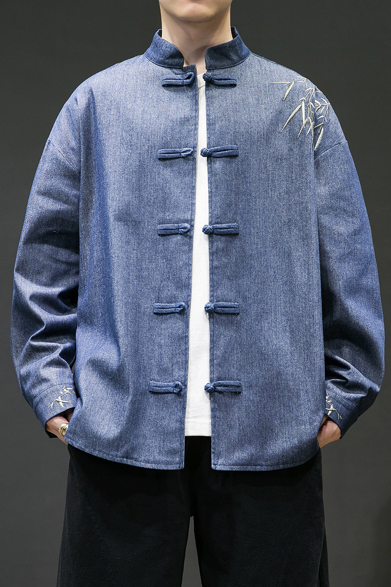 风男士长袖牛仔绣花盘扣衬衫加大加码电商A100-C10-P65,男装民族服装,电商A100