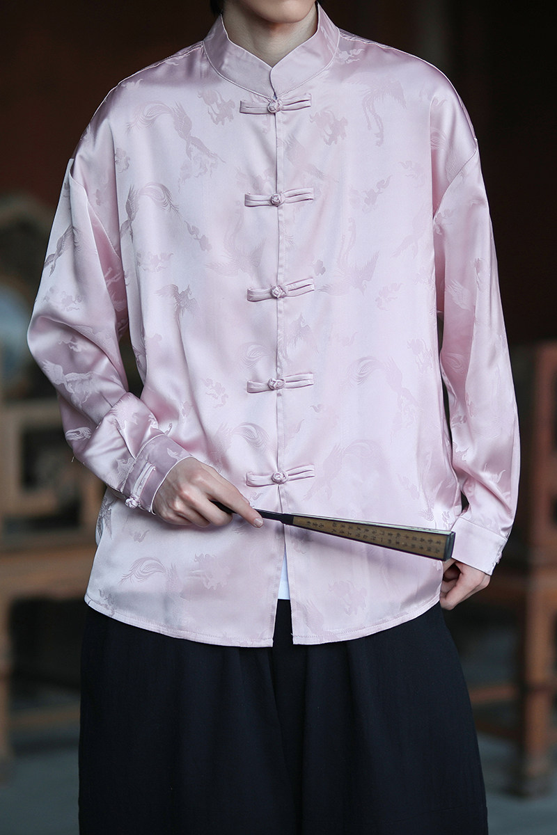风新中式压花凤凰汉服长袖盘扣衬衫A100-C331-P65,男装衬衫,电商A100