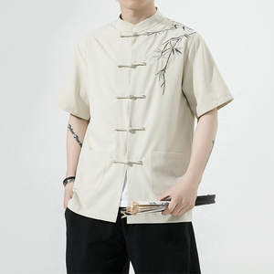 复古刺绣唐装男风夏季薄款冰丝短袖衬衫中式汉服宽松大码G103图片