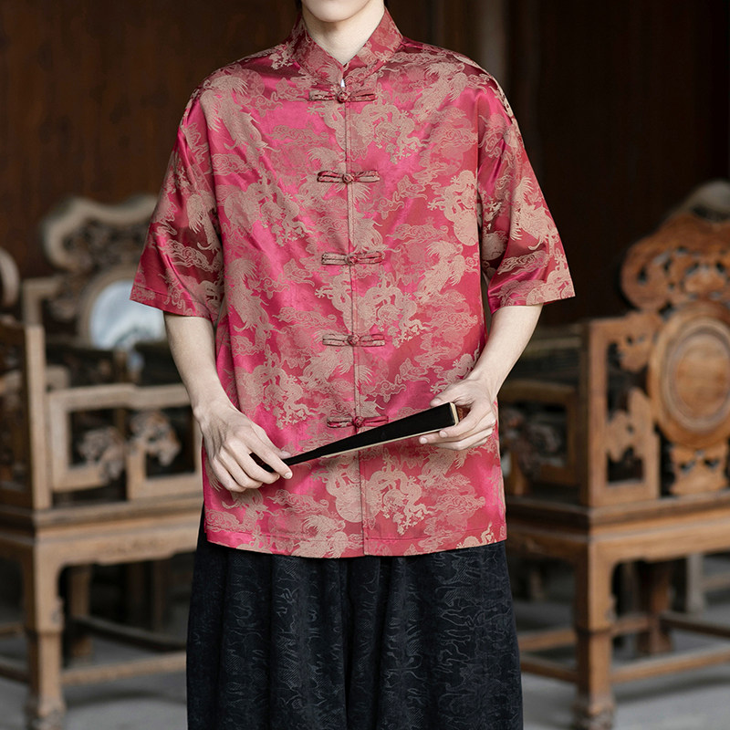 风提花唐装男士短袖衬衫盘扣新中式电商A100-2802-P65,男装T恤,电商A100