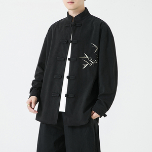 刺绣春秋青年男士紫色牛仔衬衫居士服外套盘扣大码复古古风宽松图片