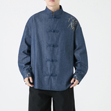 风男士长袖牛仔绣花盘扣衬衫加大加码电商A100-C10-P65，男装民族服装，电商A100