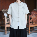 复古刺绣唐装男风夏季薄款冰丝短袖衬衫中式汉服宽松大码G103，男装民族服装，电商A100