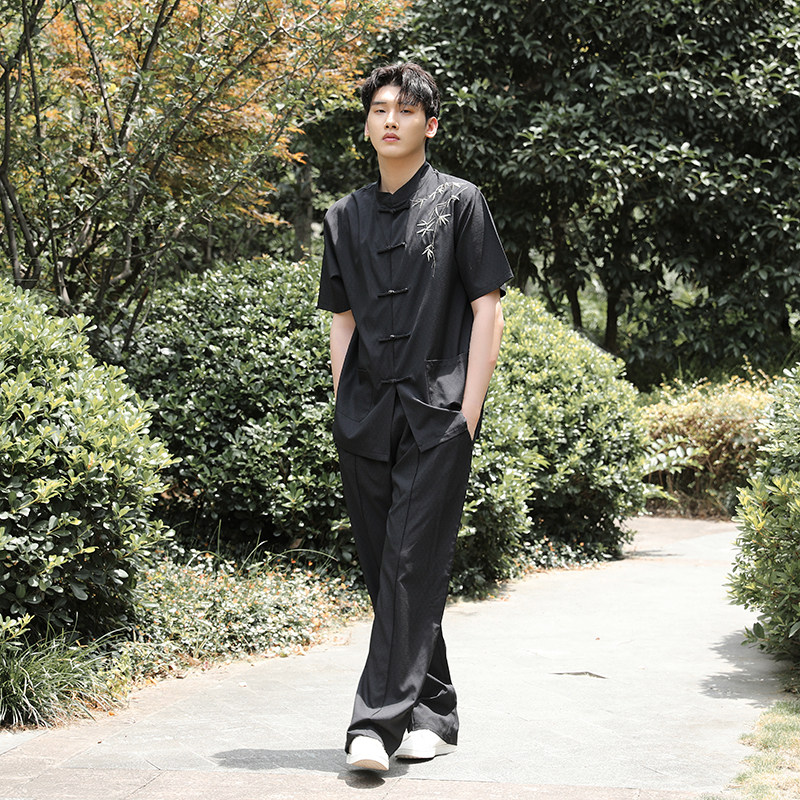 刺绣风夏季薄款冰丝短袖衬衫中式汉服宽松大码G103+2301-P110图片