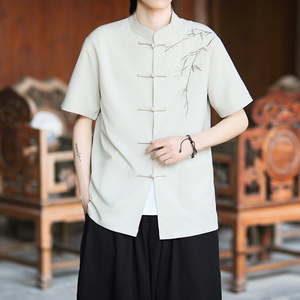 复古刺绣唐装男风夏季薄款冰丝短袖衬衫中式汉服宽松大码G103图片