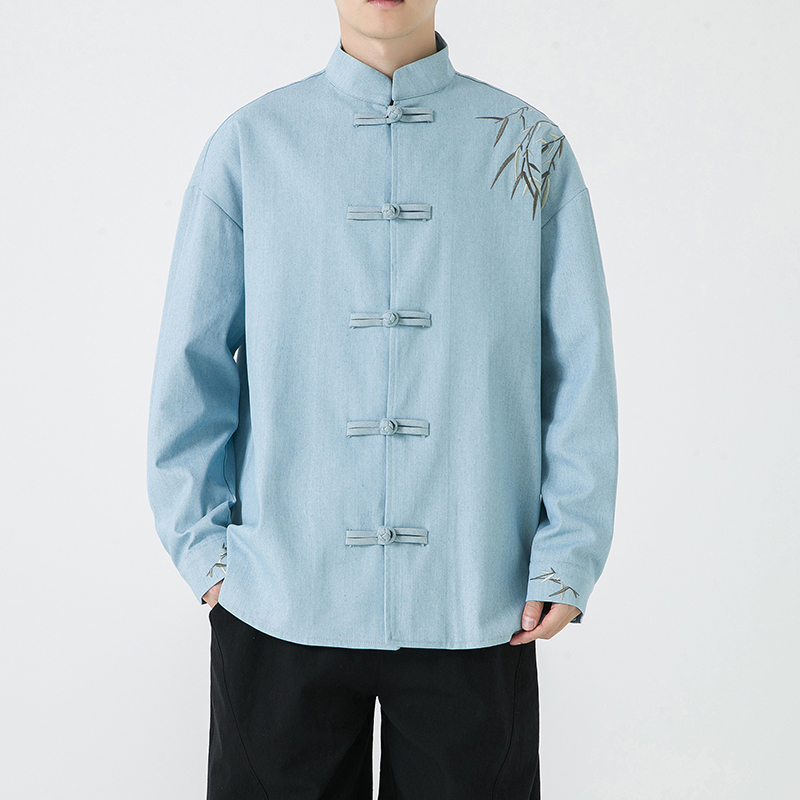 风男士长袖牛仔绣花盘扣衬衫加大加码电商A100-C10-P65，男装民族服装，电商A100