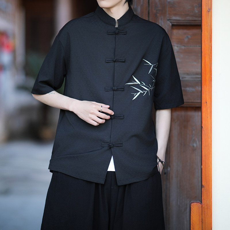 新中式唐装男风短衬衫复古刺绣汉服宽松大码电商A100-251-P65,男装衬衫,电商A100