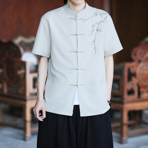 复古刺绣唐装男风夏季薄款冰丝短袖衬衫中式汉服宽松大码G103图片