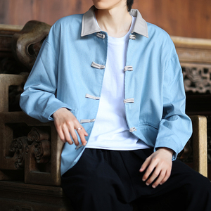 新中式牛仔唐装风长袖夹克复古盘扣宽松大码外套A100-C33-P75图片