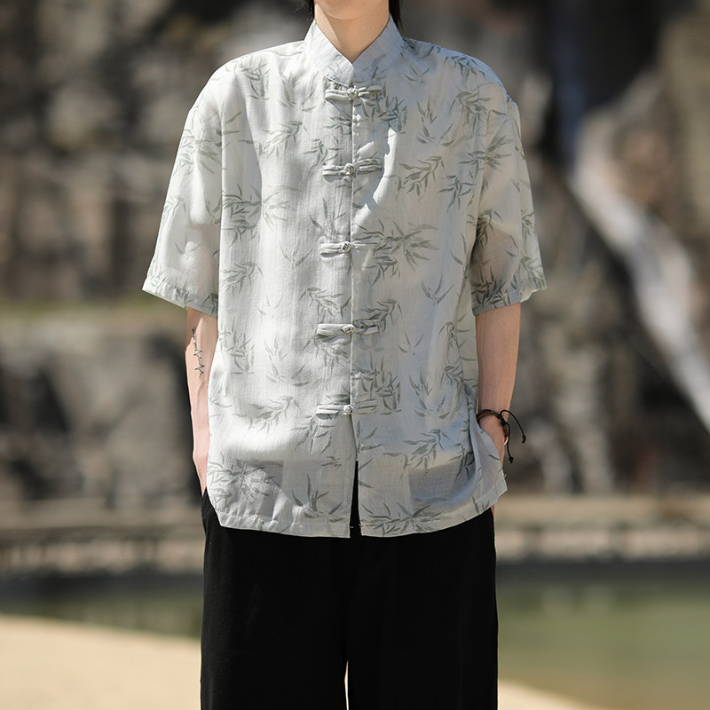 风新中式竹叶印花衬衫电商A100-C326-P65,男装衬衫,电商A100