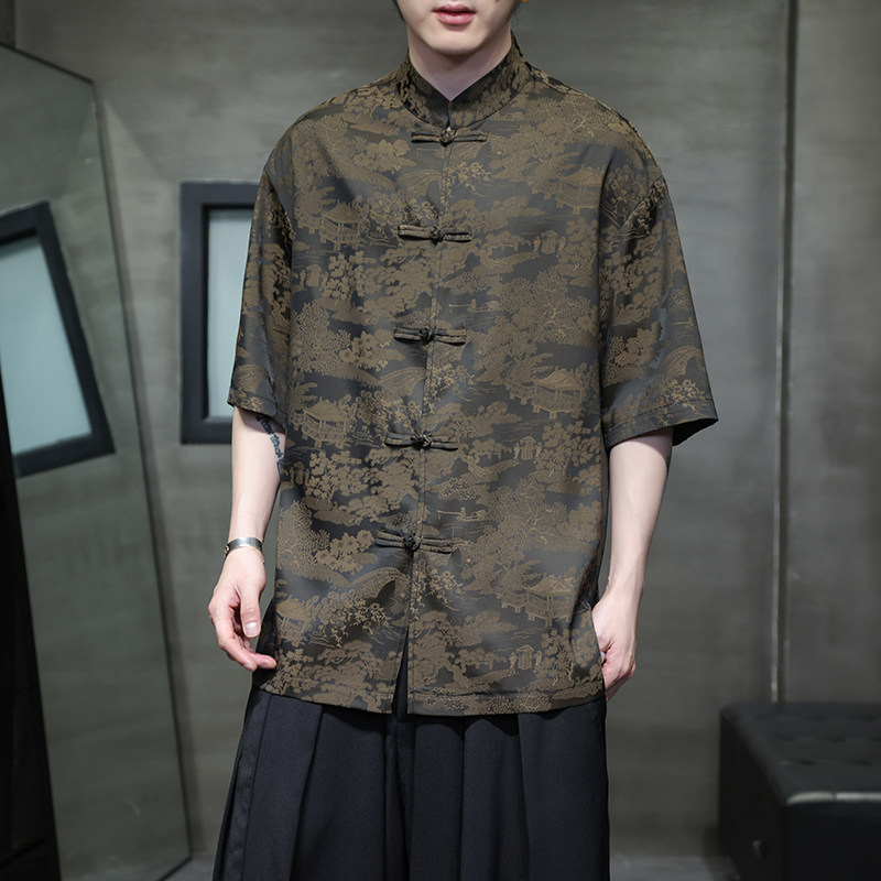 夏季薄款大码男士风唐装手工盘扣短袖衬衫A100-237-P65,男装衬衫,电商A100