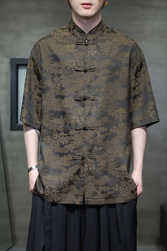 夏季薄款大码男士风唐装手工盘扣短袖衬衫A100-237-P65,男装衬衫,电商A100
