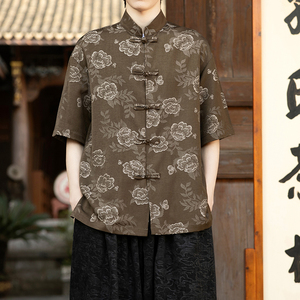 风中式牛仔提花短袖盘扣衬衫电商A100-2808-P75图片